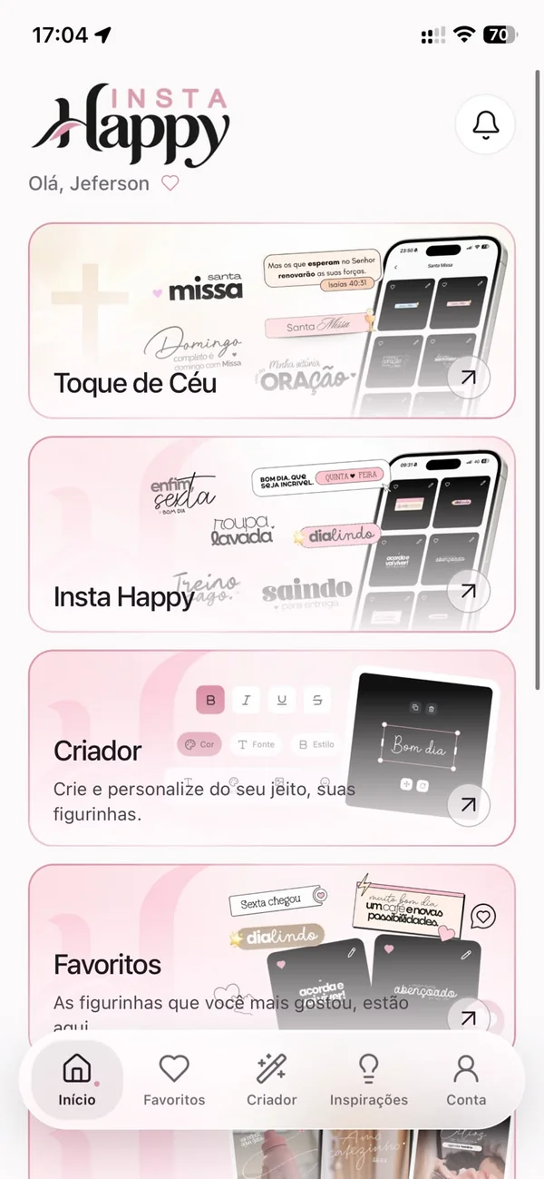 Tela inicial do app Toque de Céu