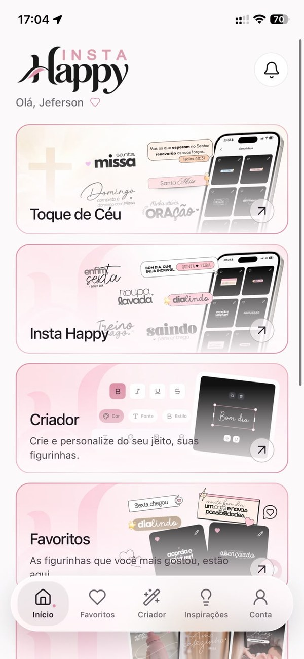 Tela inicial do app Toque de Céu